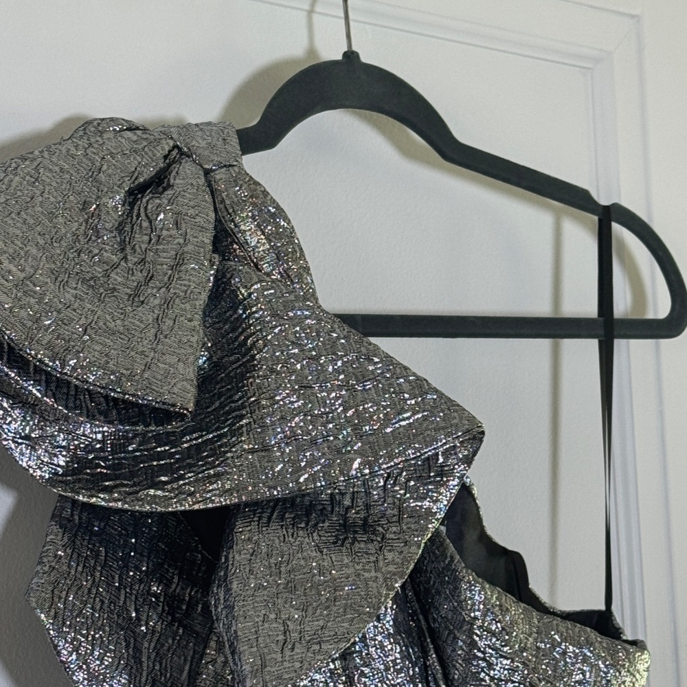 Mac Duggal Style #67906 One Shoulder Bow Midi Dress Brocade Metallic Silver - Picture 6 of 13